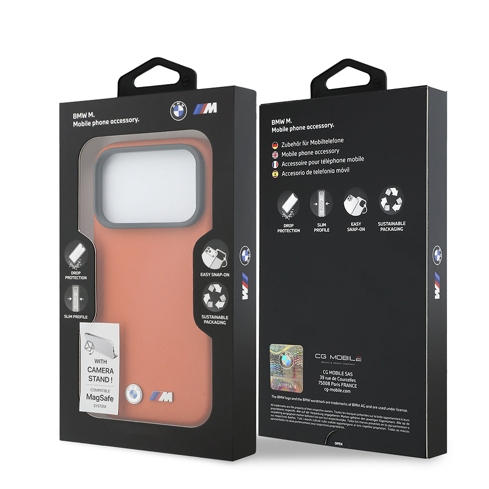 Apple iPhone 17 Pro Max Kılıf BMW Orjinal Lisanslı M-safe Şarj Özellikli Standlı Metal Kamera Çerçeveli M Logolu PU Deri Kapak Turuncu