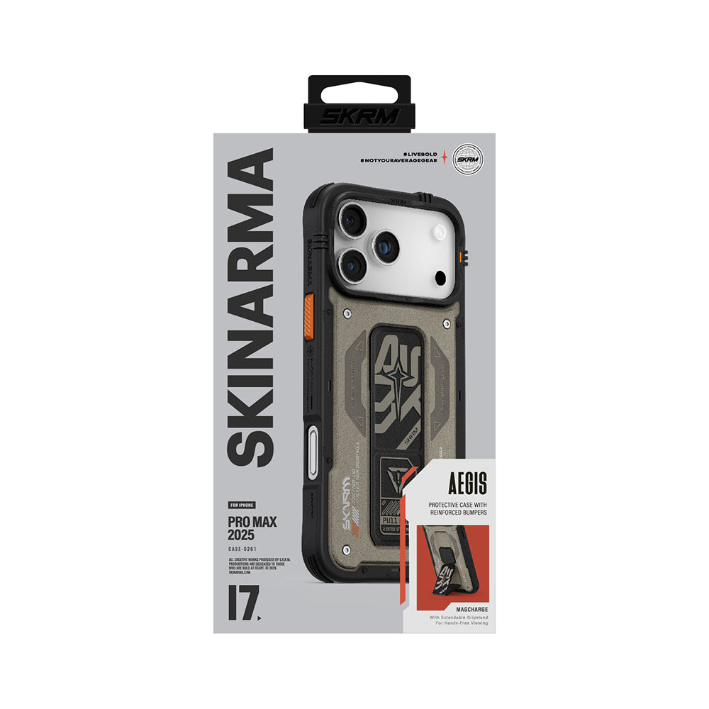 Apple iPhone 17 Pro Max Kılıf Desenli Airbag Tasarımlı Standlı Skinarma Aegis Kapak Gri