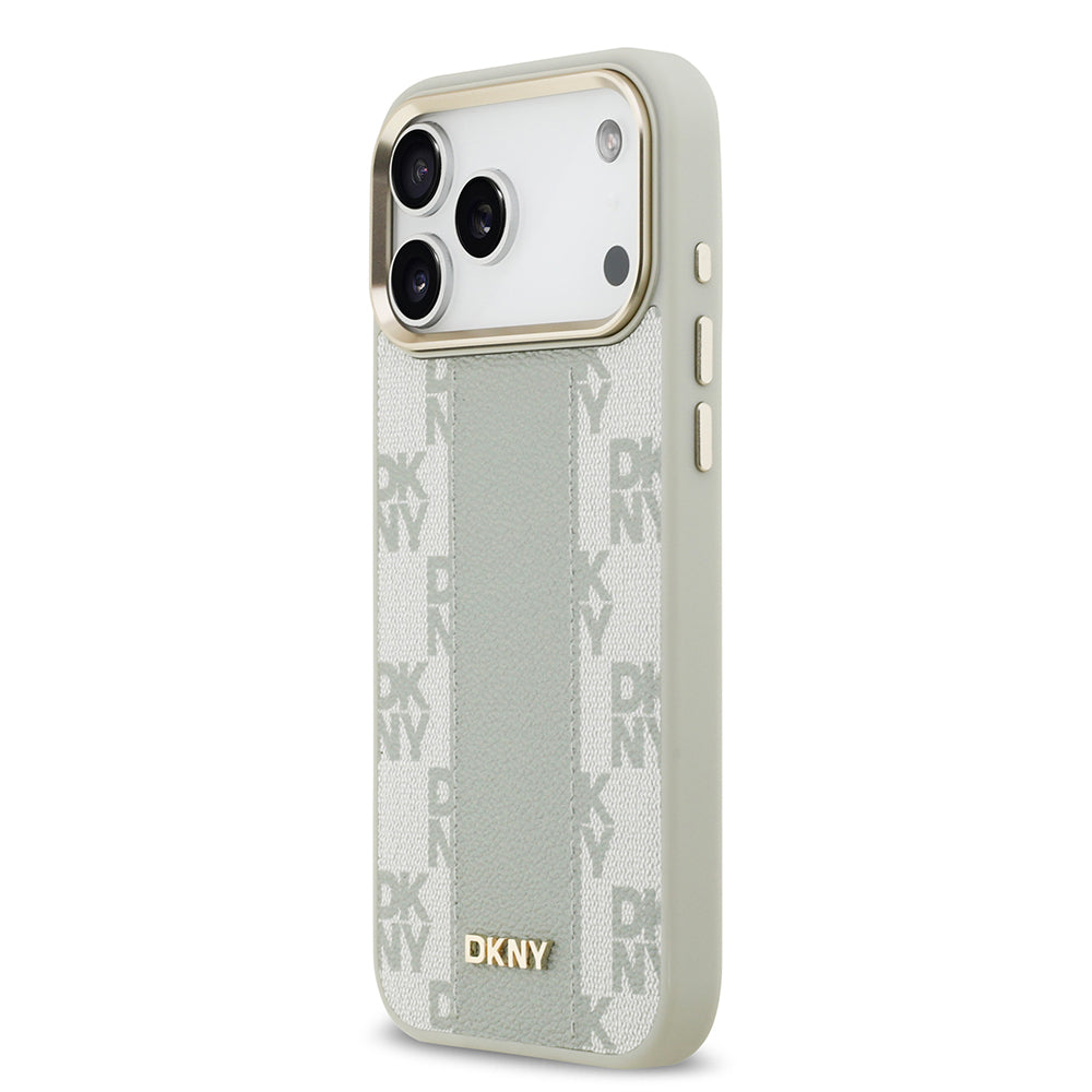 Apple iPhone 17 Pro Max Kılıf DKNY Orjinal Lisanslı M-safe Şarj Özellikli 3D Yazılı Checkered Pattern Kapak Bej