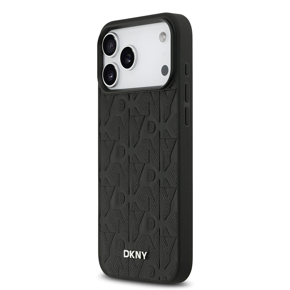 Apple iPhone 17 Pro Max Kılıf DKNY Orjinal Lisanslı M-safe Şarj Özellikli 3D Yazılı Grid Pattern Kapak Siyah