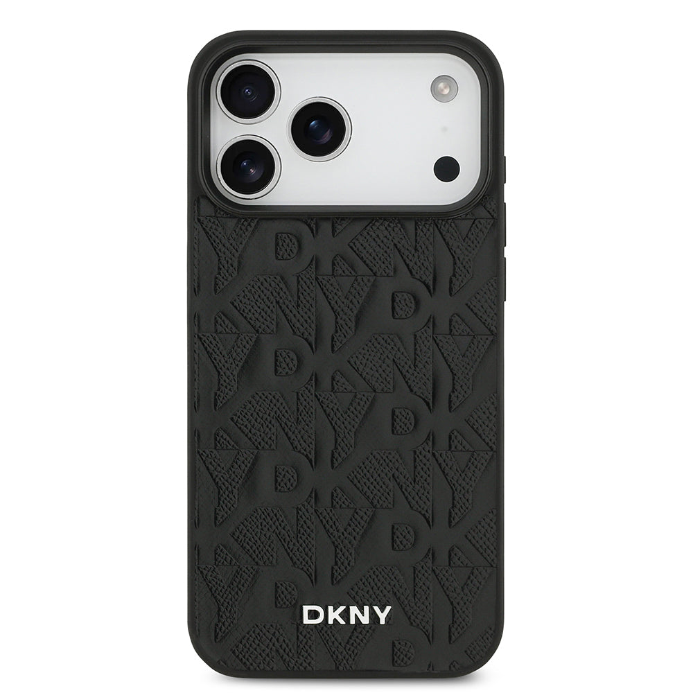 Apple iPhone 17 Pro Max Kılıf DKNY Orjinal Lisanslı M-safe Şarj Özellikli 3D Yazılı Grid Pattern Kapak Siyah