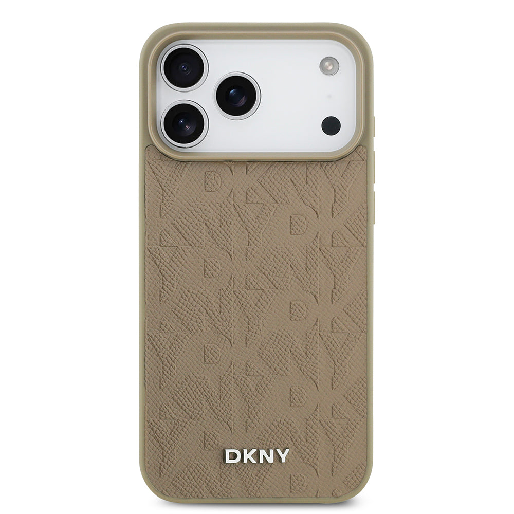 Apple iPhone 17 Pro Max Kılıf DKNY Orjinal Lisanslı M-safe Şarj Özellikli 3D Yazılı Grid Pattern Kapak Kahverengi