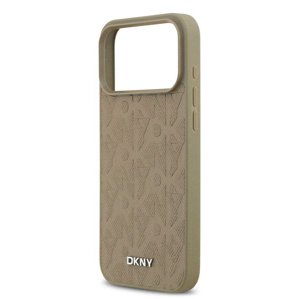 Apple iPhone 17 Pro Max Kılıf DKNY Orjinal Lisanslı M-safe Şarj Özellikli 3D Yazılı Grid Pattern Kapak Kahverengi