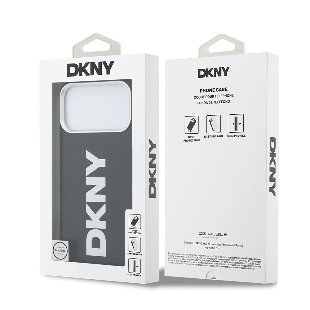 Apple iPhone 17 Pro Max Kılıf DKNY Orjinal Lisanslı M-safe Şarj Özellikli PU Büyük Dikey Logolu Kapak Siyah