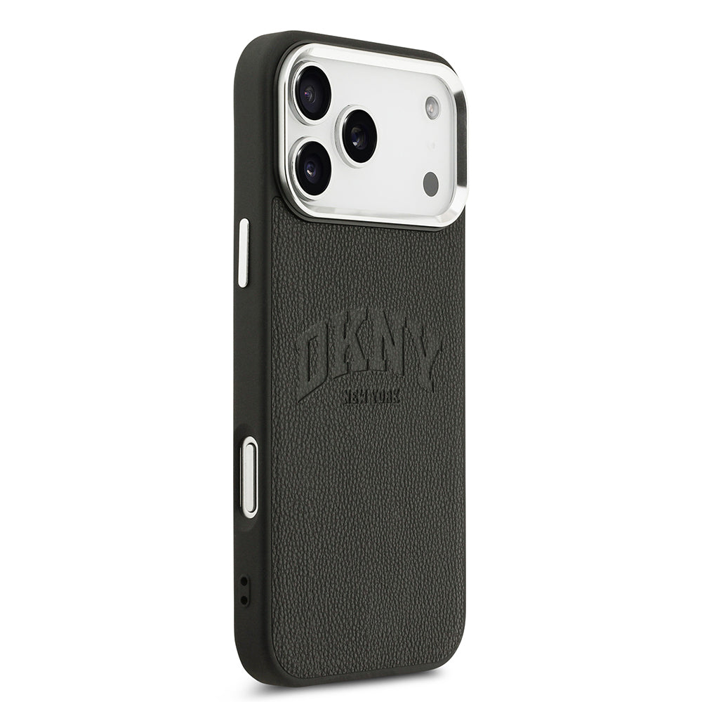Apple iPhone 17 Pro Max Kılıf DKNY Orjinal Lisanslı M-safe Şarj Özellikli PU Deri Kabartmalı Kapak Siyah