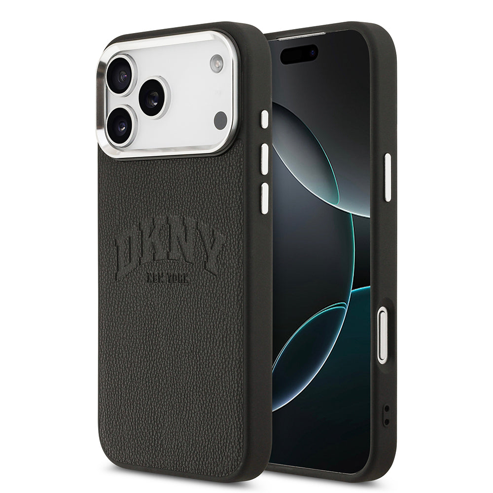 Apple iPhone 17 Pro Max Kılıf DKNY Orjinal Lisanslı M-safe Şarj Özellikli PU Deri Kabartmalı Kapak Siyah