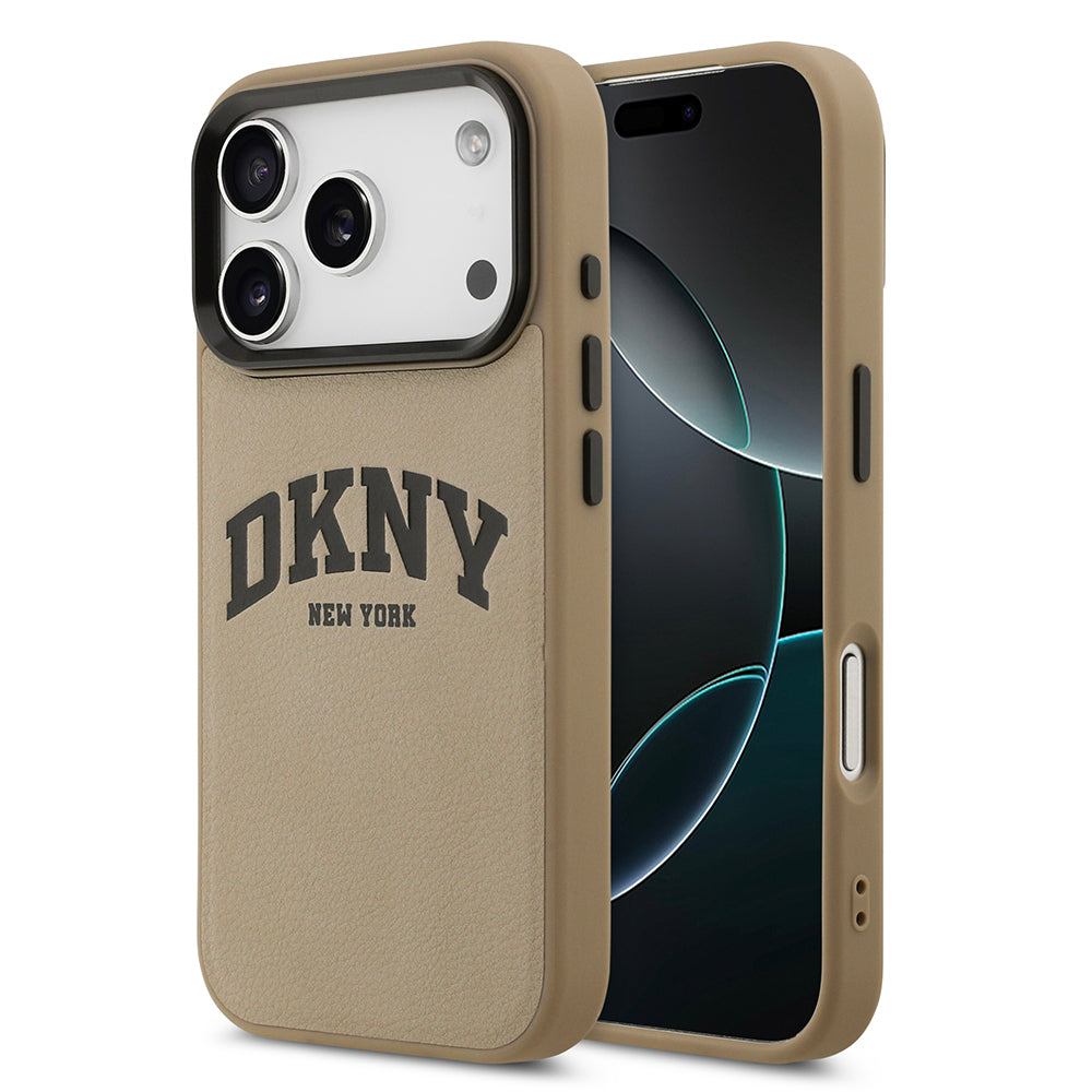 Apple iPhone 17 Pro Max Kılıf DKNY Orjinal Lisanslı M-safe Şarj Özellikli PU Deri Kabartmalı Kapak Bej