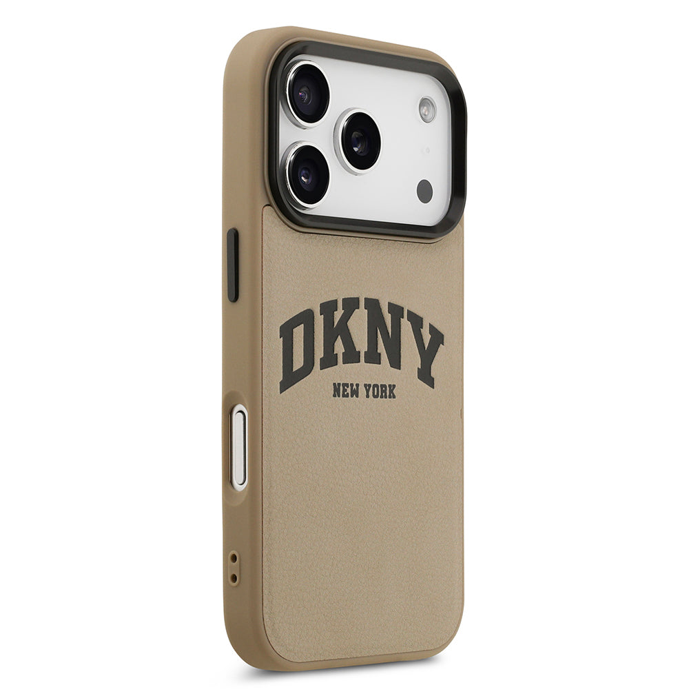 Apple iPhone 17 Pro Max Kılıf DKNY Orjinal Lisanslı M-safe Şarj Özellikli PU Deri Kabartmalı Kapak Bej