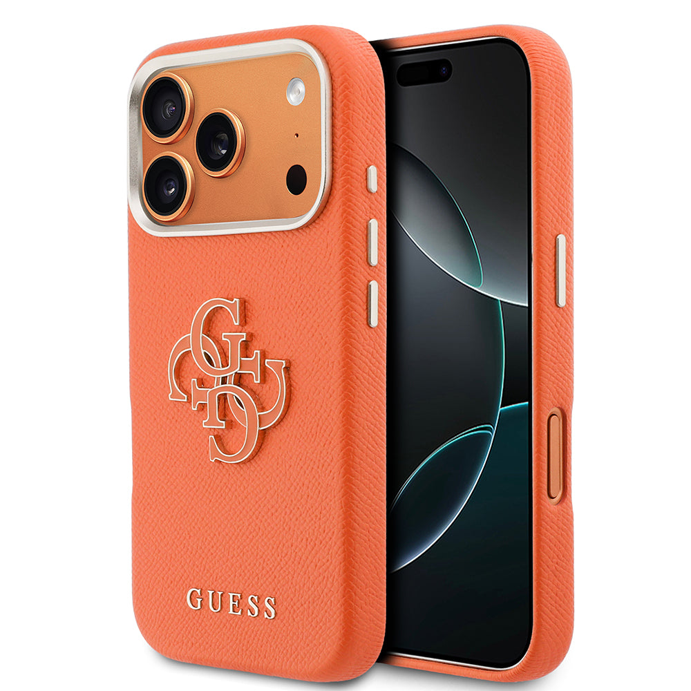 Apple iPhone 17 Pro Max Kılıf Guess Orjinal Lisanslı 4G Büyük Metal Kamera Çerçeveli PU Deri Resin Kapak Turuncu