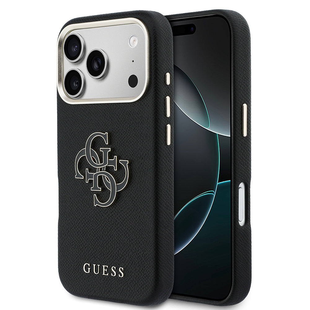 Apple iPhone 17 Pro Max Kılıf Guess Orjinal Lisanslı 4G Büyük Metal Kamera Çerçeveli PU Deri Resin Kapak Siyah