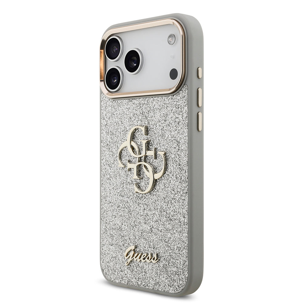 Apple iPhone 17 Pro Max Kılıf Guess Orjinal Lisanslı 4G Büyük Metal Kamera Çerçeveli ve Logolu Glitter Kapak Gri