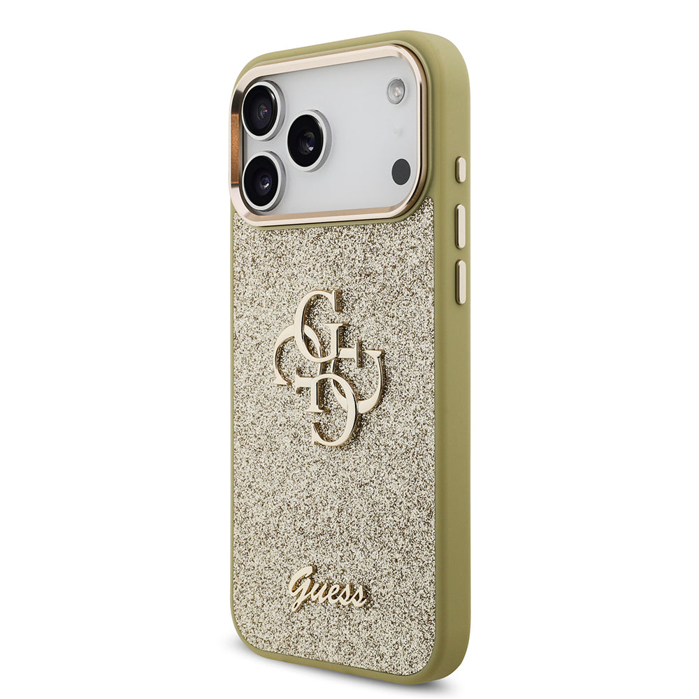 Apple iPhone 17 Pro Max Kılıf Guess Orjinal Lisanslı 4G Büyük Metal Kamera Çerçeveli ve Logolu Glitter Kapak Gold