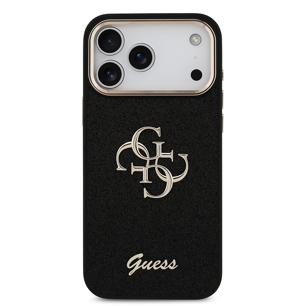 Apple iPhone 17 Pro Max Kılıf Guess Orjinal Lisanslı 4G Büyük Metal Kamera Çerçeveli ve Logolu Glitter Kapak Siyah