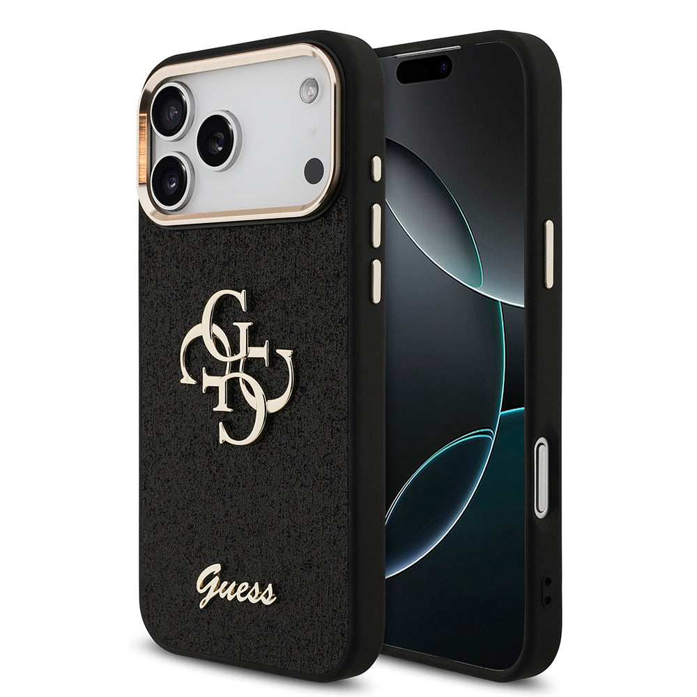 Apple iPhone 17 Pro Max Kılıf Guess Orjinal Lisanslı 4G Büyük Metal Kamera Çerçeveli ve Logolu Glitter Kapak Siyah