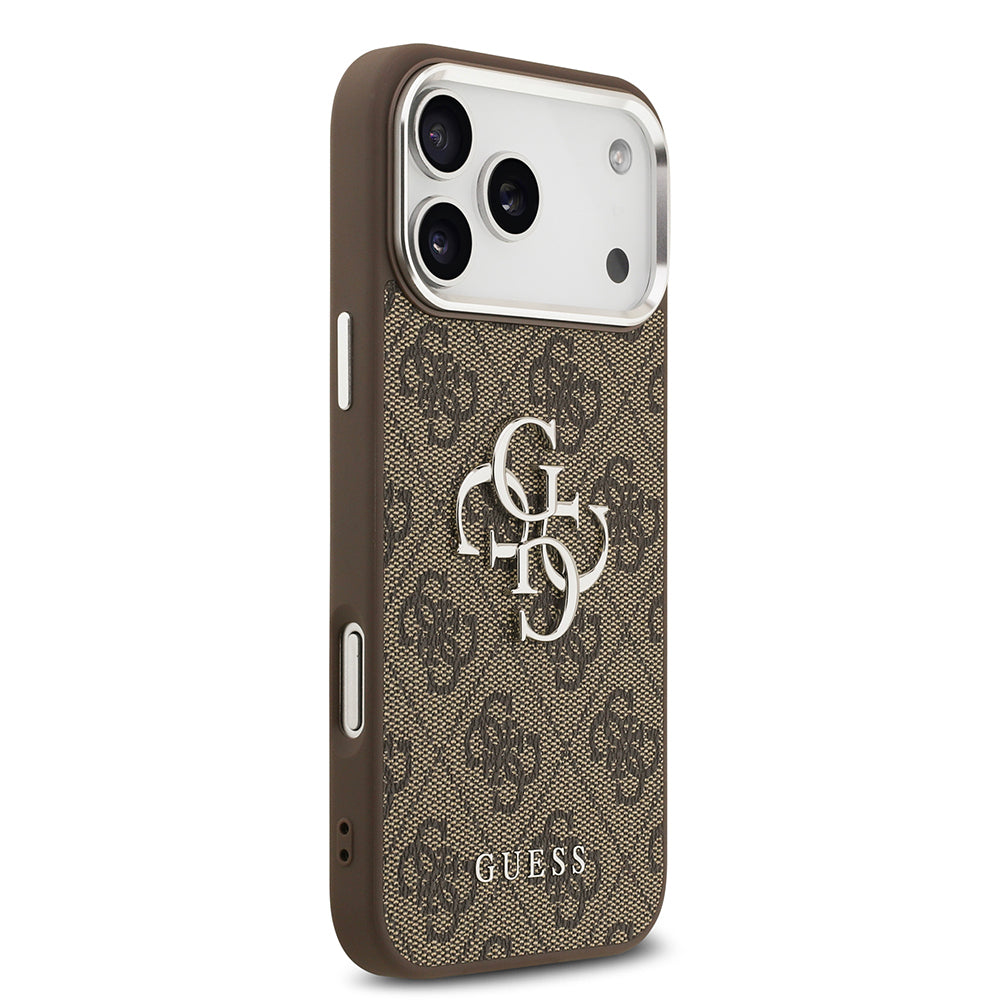 Apple iPhone 17 Pro Max Kılıf Guess Orjinal Lisanslı Gümüş Metal Kamera Çerçeveli 4G Desenli Metal Büyük 4G ve Yazı Logolu Kapak Kahverengi