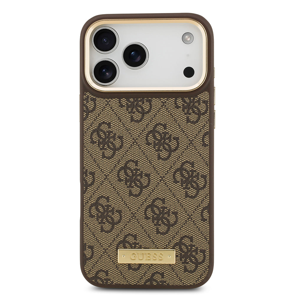 Apple iPhone 17 Pro Max Kılıf Guess Orjinal Lisanslı M-safe Şarj Özellikli 4G Desenli PU Metal Plaka Klasik Logolu Kapak Kahverengi