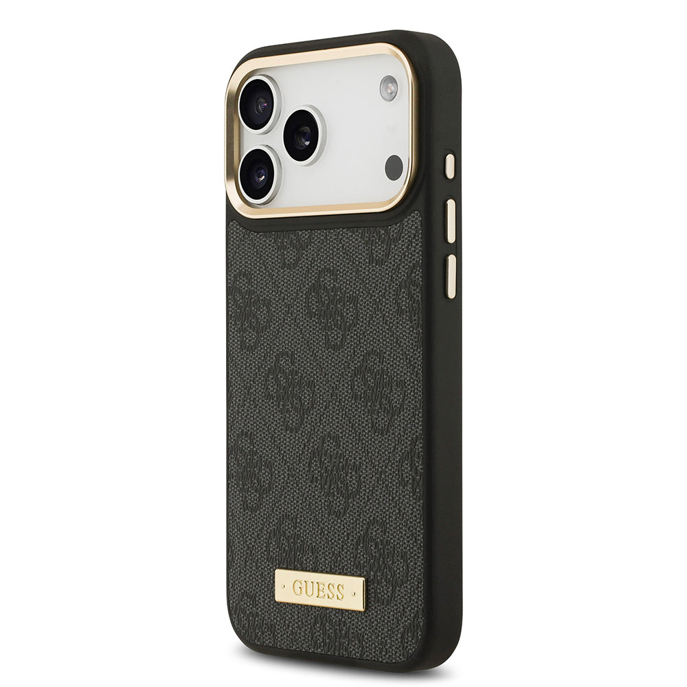 Apple iPhone 17 Pro Max Kılıf Guess Orjinal Lisanslı M-safe Şarj Özellikli 4G Desenli PU Metal Plaka Klasik Logolu Kapak Siyah