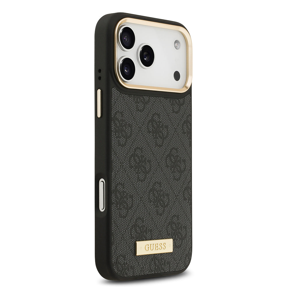 Apple iPhone 17 Pro Max Kılıf Guess Orjinal Lisanslı M-safe Şarj Özellikli 4G Desenli PU Metal Plaka Klasik Logolu Kapak Siyah
