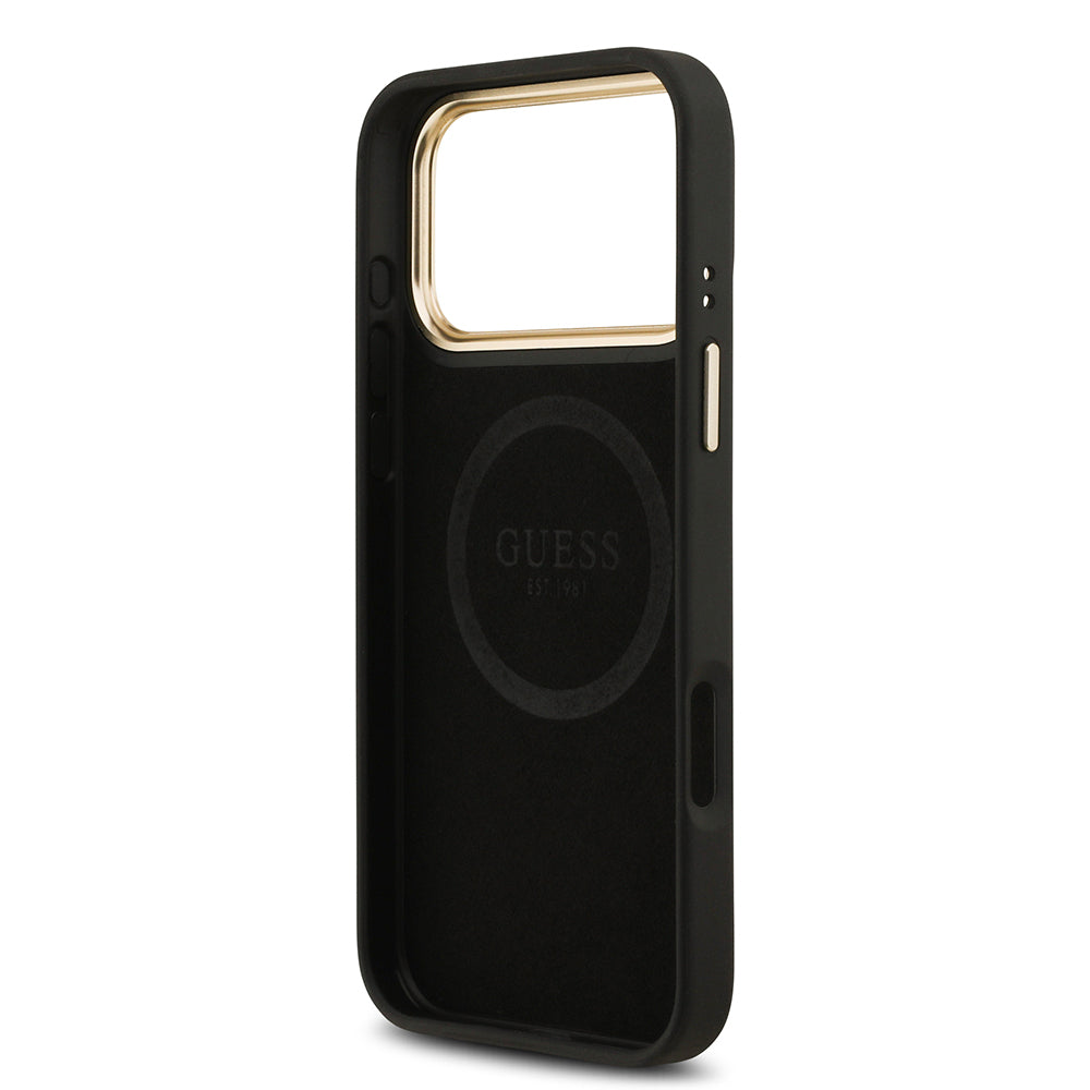Apple iPhone 17 Pro Max Kılıf Guess Orjinal Lisanslı M-safe Şarj Özellikli 4G Desenli PU Metal Plaka Klasik Logolu Kapak Siyah