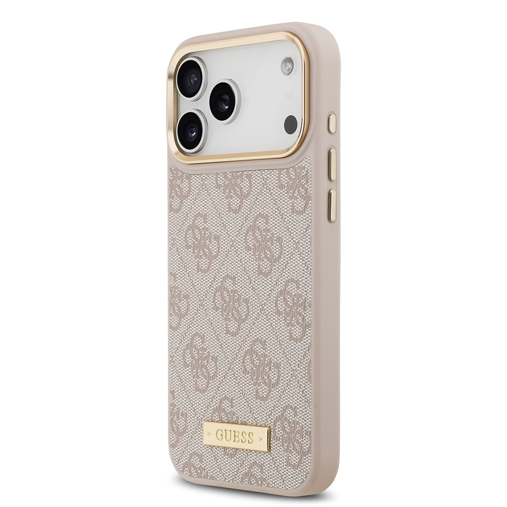 Apple iPhone 17 Pro Max Kılıf Guess Orjinal Lisanslı M-safe Şarj Özellikli 4G Desenli PU Metal Plaka Klasik Logolu Kapak Pembe