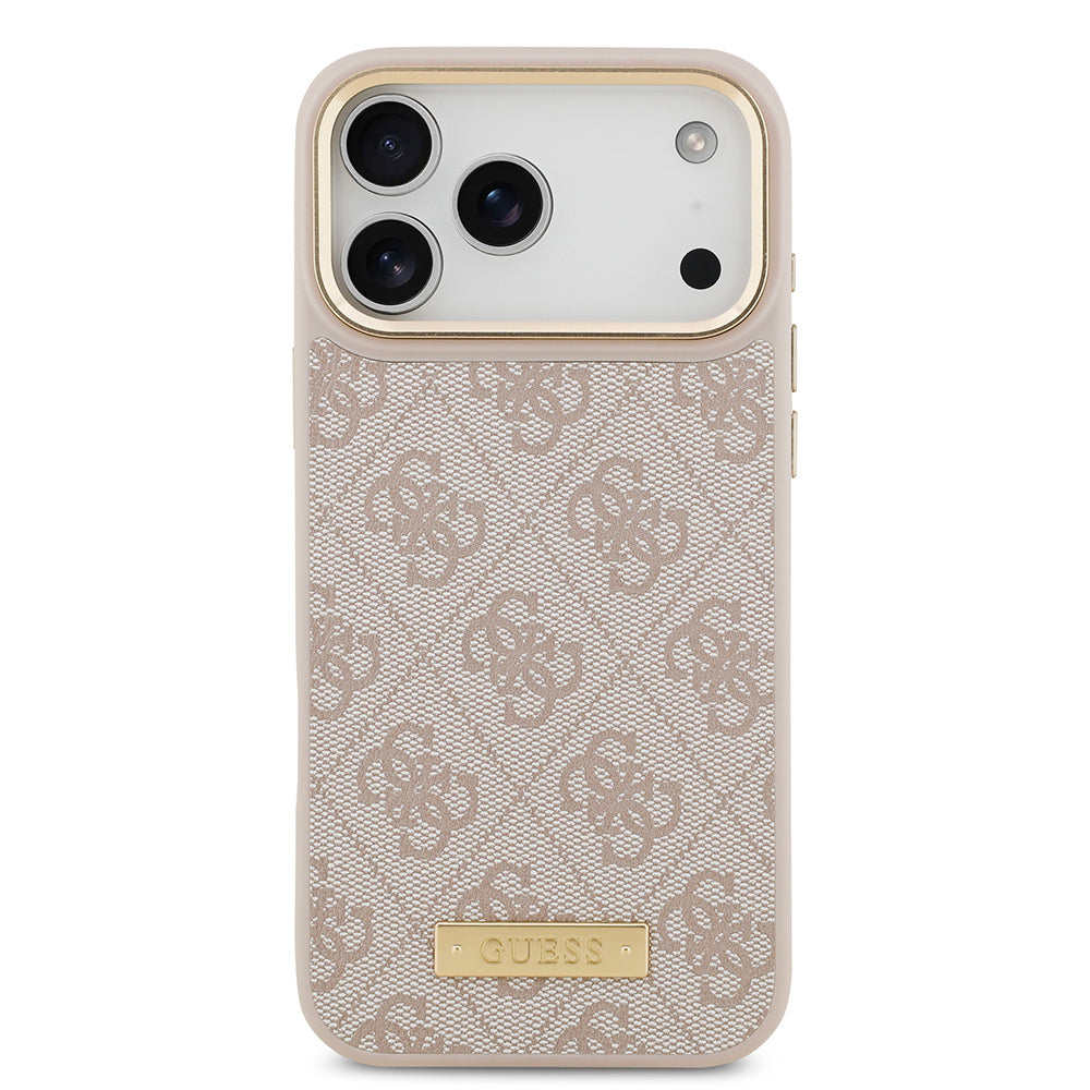 Apple iPhone 17 Pro Max Kılıf Guess Orjinal Lisanslı M-safe Şarj Özellikli 4G Desenli PU Metal Plaka Klasik Logolu Kapak Pembe