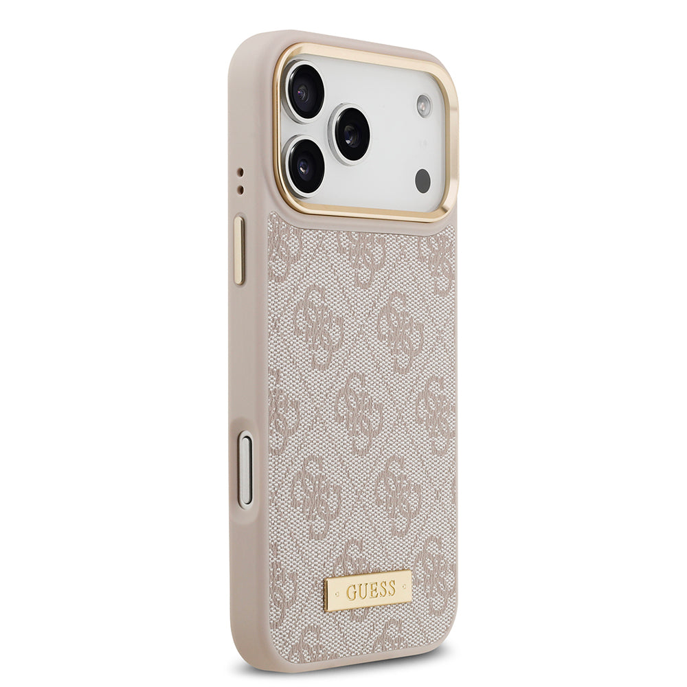 Apple iPhone 17 Pro Max Kılıf Guess Orjinal Lisanslı M-safe Şarj Özellikli 4G Desenli PU Metal Plaka Klasik Logolu Kapak Pembe