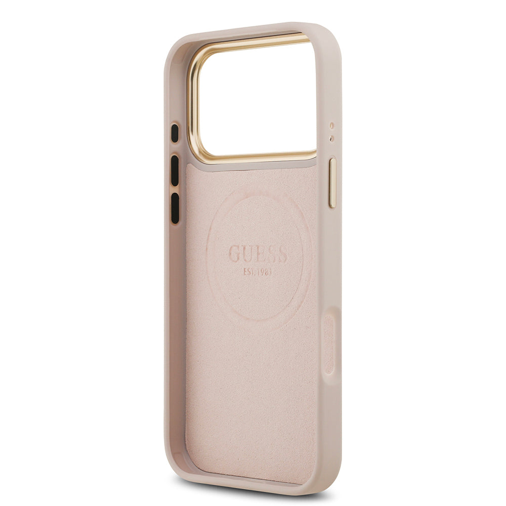 Apple iPhone 17 Pro Max Kılıf Guess Orjinal Lisanslı M-safe Şarj Özellikli 4G Desenli PU Metal Plaka Klasik Logolu Kapak Pembe