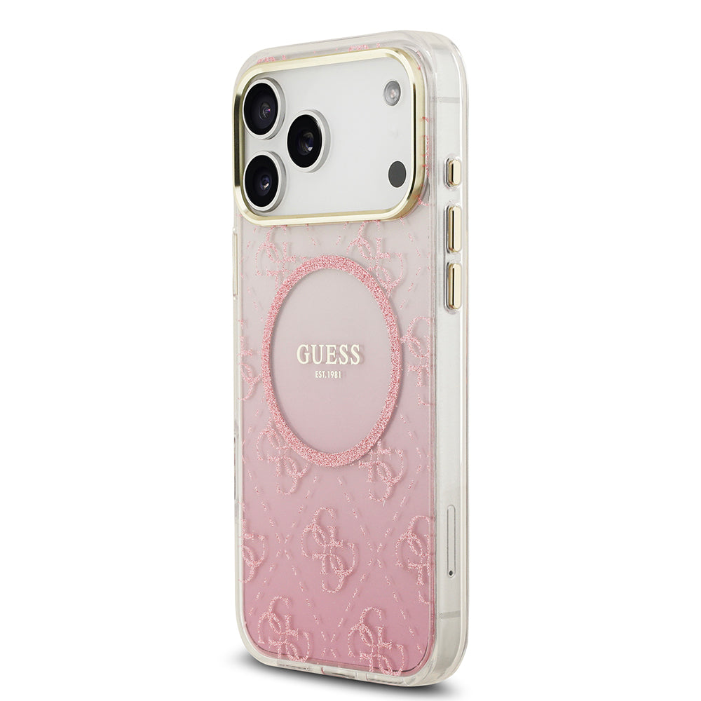 Apple iPhone 17 Pro Max Kılıf Guess Orjinal Lisanslı M-safe Şarj Özellikli 4G Desenli Simli Silikon Kapak Pembe