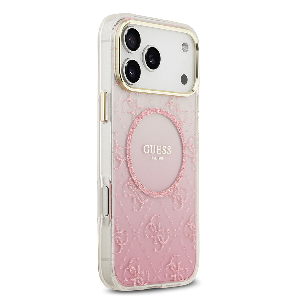 Apple iPhone 17 Pro Max Kılıf Guess Orjinal Lisanslı M-safe Şarj Özellikli 4G Desenli Simli Silikon Kapak Pembe