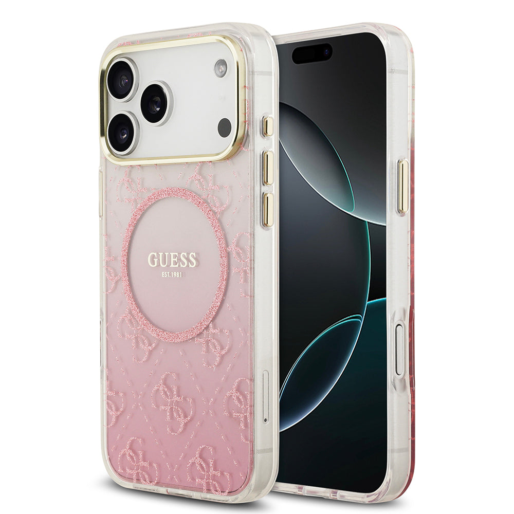 Apple iPhone 17 Pro Max Kılıf Guess Orjinal Lisanslı M-safe Şarj Özellikli 4G Desenli Simli Silikon Kapak Pembe