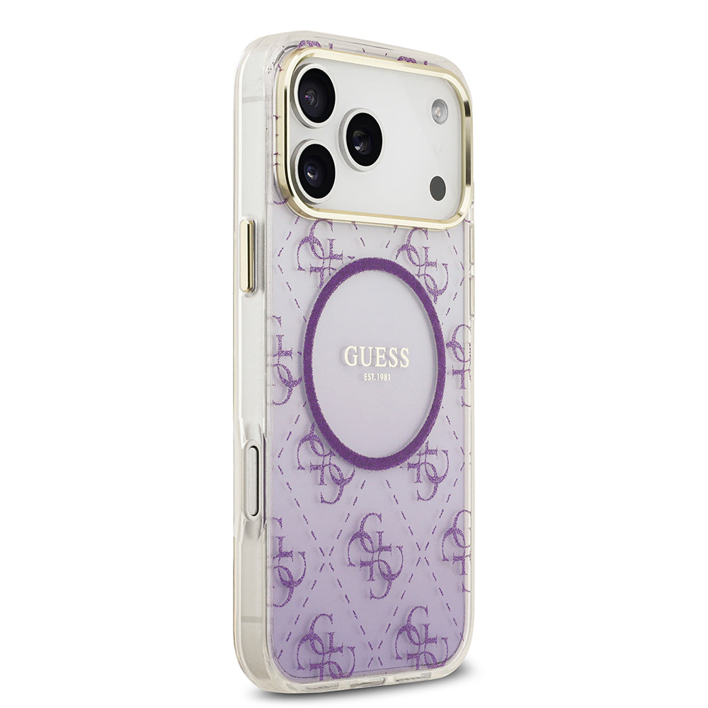 Apple iPhone 17 Pro Max Kılıf Guess Orjinal Lisanslı M-safe Şarj Özellikli 4G Desenli Simli Silikon Kapak Mor