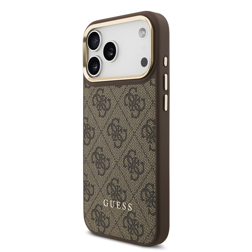 Apple iPhone 17 Pro Max Kılıf Guess Orjinal Lisanslı M-safe Şarj Özellikli 4G Metal Büyük Logolu Kartlıklı Kapak Kahverengi