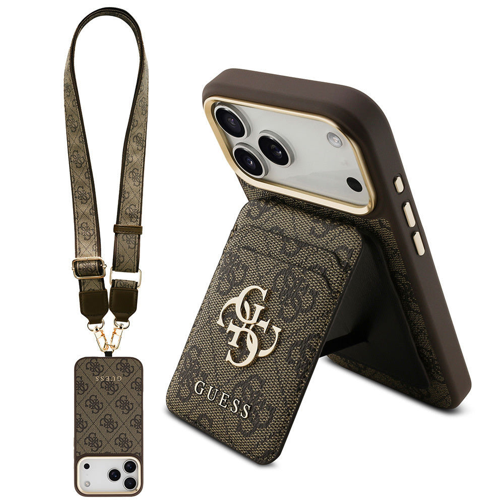 Apple iPhone 17 Pro Max Kılıf Guess Orjinal Lisanslı M-safe Şarj Özellikli Askılı ve 4G Logo Kartlıklı Kapak Kahverengi