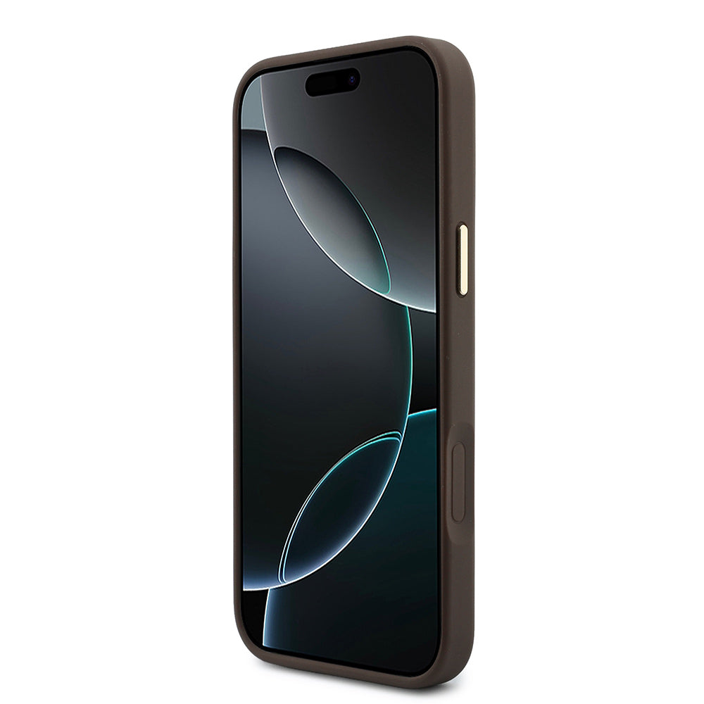 Apple iPhone 17 Pro Max Kılıf Guess Orjinal Lisanslı M-safe Şarj Özellikli Askılı ve 4G Metal Logolu Kartlıklı Kapak Kahverengi