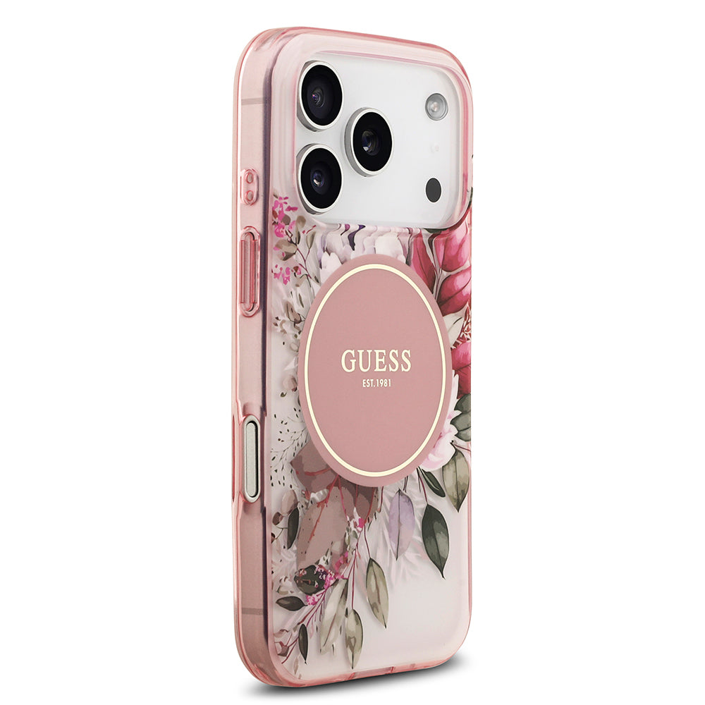 Apple iPhone 17 Pro Max Kılıf Guess Orjinal Lisanslı M-safe Şarj Özellikli Flower Tonal Circle Kapak Pembe