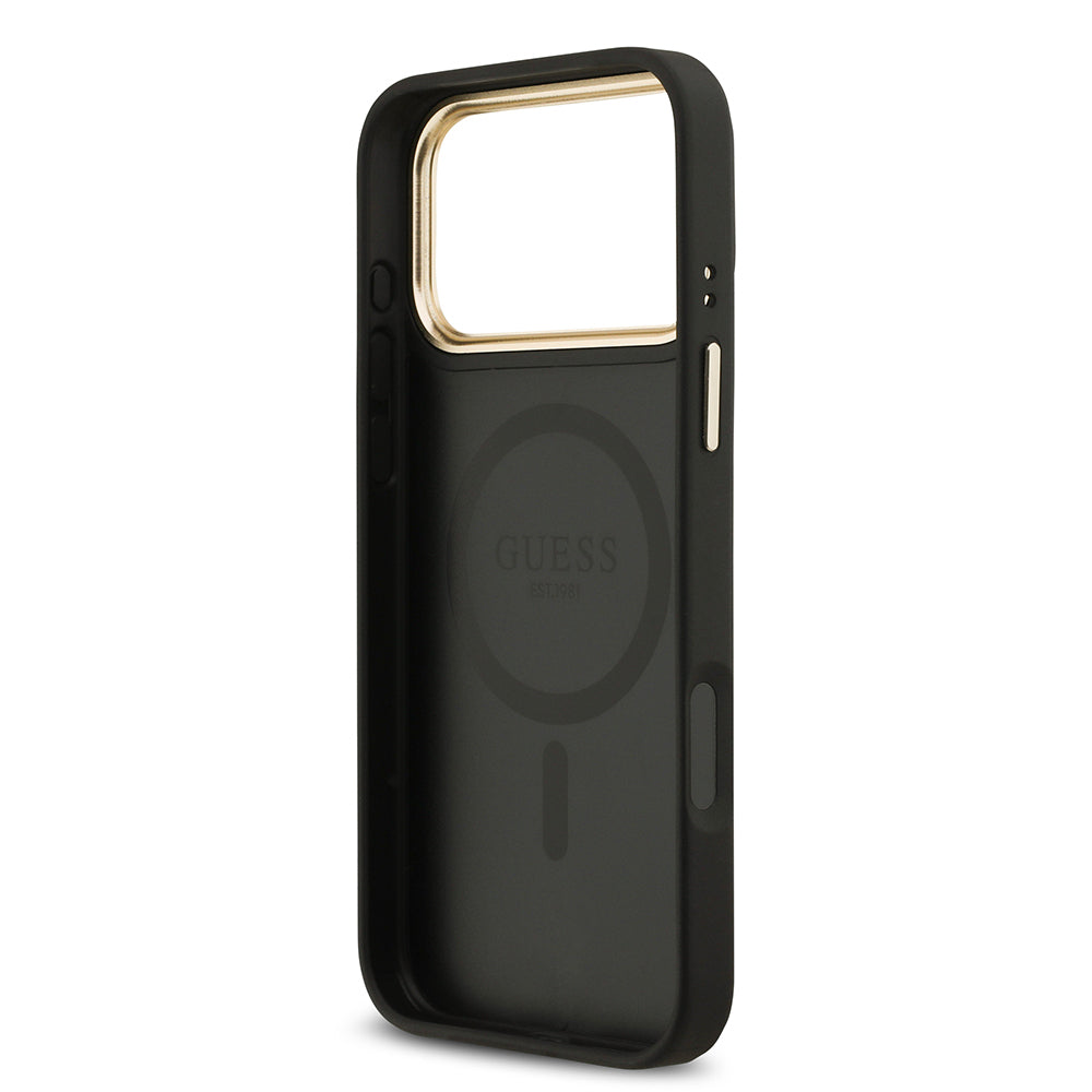 Apple iPhone 17 Pro Max Kılıf Guess Orjinal Lisanslı M-safe Şarj Özellikli Gold Metal Kamera Çerçeveli PU Deri 4G Desenli Yazı Logolu Kapak Siyah