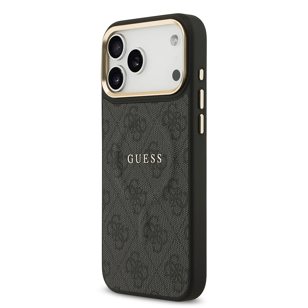 Apple iPhone 17 Pro Max Kılıf Guess Orjinal Lisanslı M-safe Şarj Özellikli Gold Metal Kamera Çerçeveli PU Deri 4G Desenli Yazı Logolu Kapak Siyah
