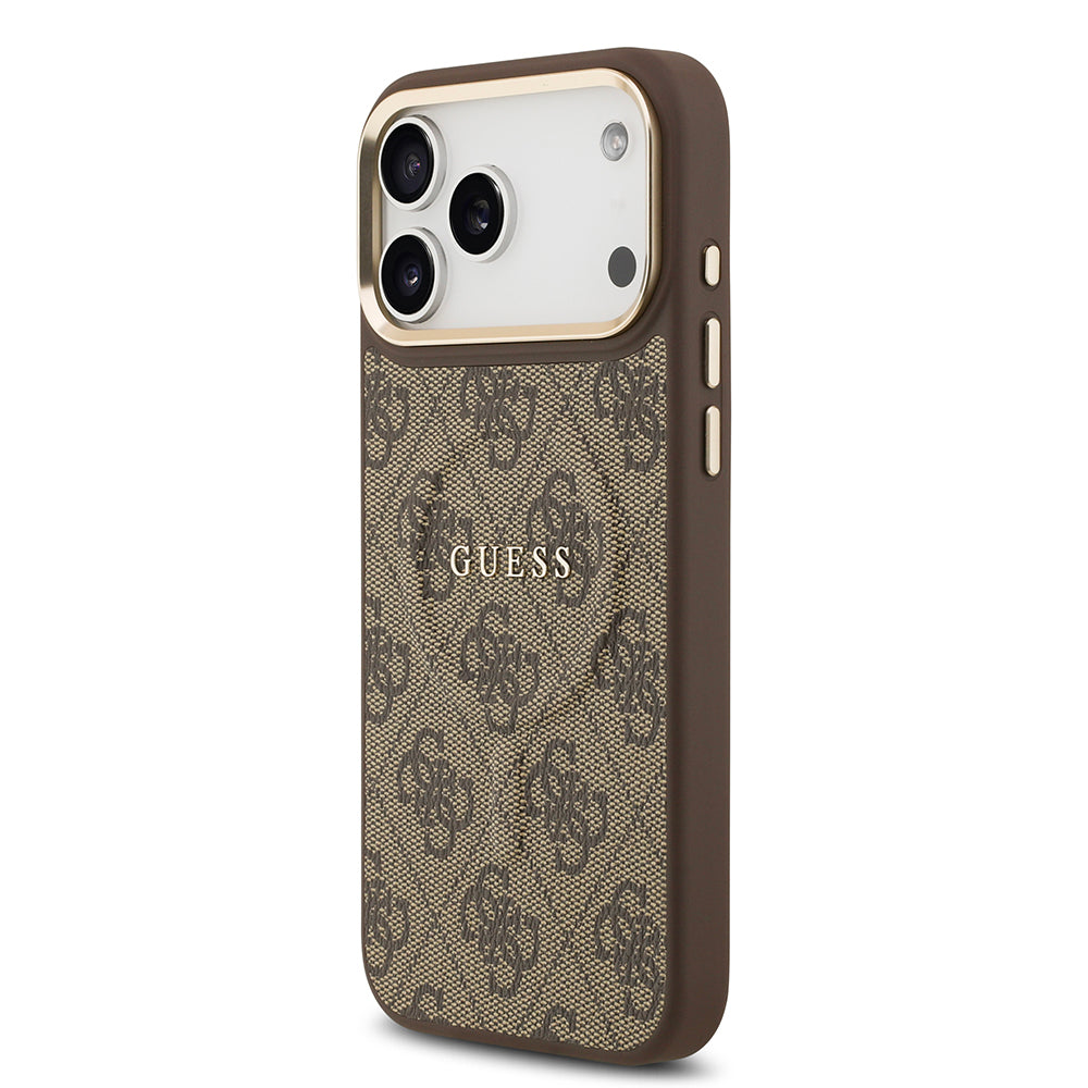 Apple iPhone 17 Pro Max Kılıf Guess Orjinal Lisanslı M-safe Şarj Özellikli Gold Metal Kamera Çerçeveli PU Deri 4G Desenli Yazı Logolu Kapak Kahverengi