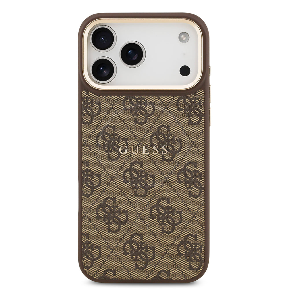 Apple iPhone 17 Pro Max Kılıf Guess Orjinal Lisanslı M-safe Şarj Özellikli Gold Metal Kamera Çerçeveli PU Deri 4G Desenli Yazı Logolu Kapak Kahverengi