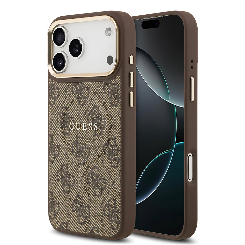 Apple iPhone 17 Pro Max Kılıf Guess Orjinal Lisanslı M-safe Şarj Özellikli Gold Metal Kamera Çerçeveli PU Deri 4G Desenli Yazı Logolu Kapak Kahverengi