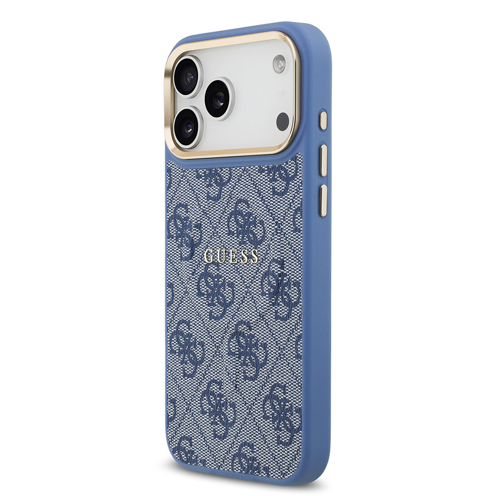 Apple iPhone 17 Pro Max Kılıf Guess Orjinal Lisanslı M-safe Şarj Özellikli Gold Metal Kamera Çerçeveli PU Deri 4G Desenli Yazı Logolu Kapak Mavi
