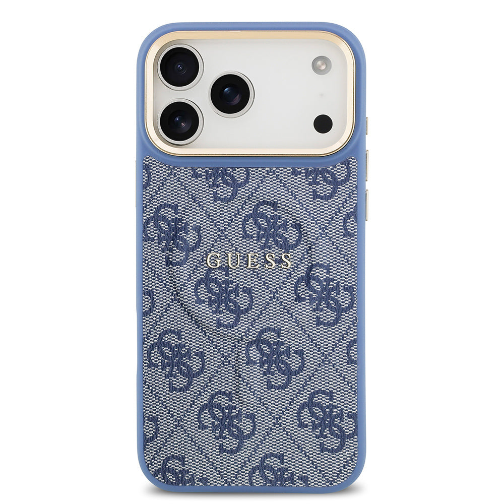 Apple iPhone 17 Pro Max Kılıf Guess Orjinal Lisanslı M-safe Şarj Özellikli Gold Metal Kamera Çerçeveli PU Deri 4G Desenli Yazı Logolu Kapak Mavi