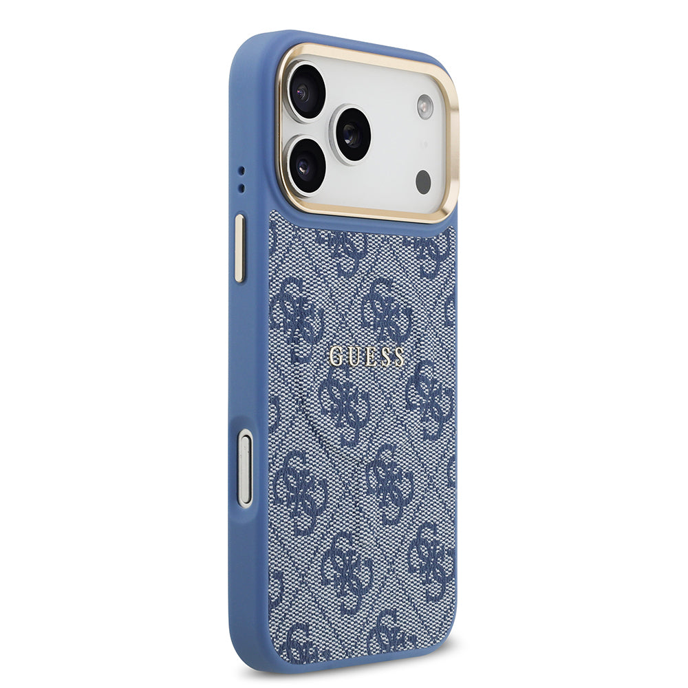 Apple iPhone 17 Pro Max Kılıf Guess Orjinal Lisanslı M-safe Şarj Özellikli Gold Metal Kamera Çerçeveli PU Deri 4G Desenli Yazı Logolu Kapak Mavi