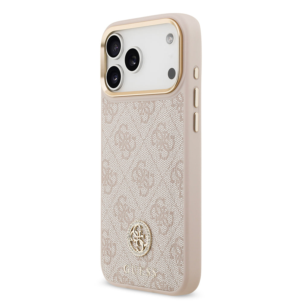 Apple iPhone 17 Pro Max Kılıf Guess Orjinal Lisanslı M-safe Şarj Özellikli Gold Metal Kamera Çerçeveli Taşlı 4G Logolu Kapak Pembe