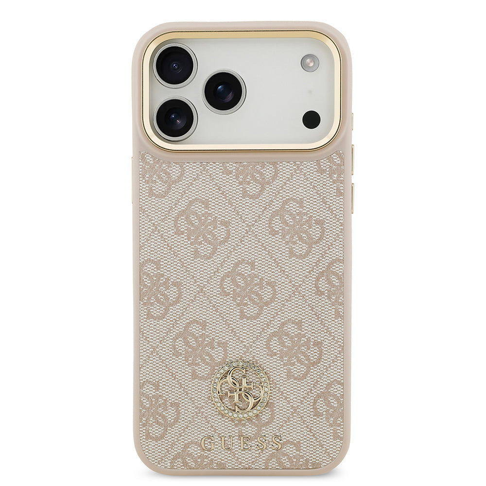 Apple iPhone 17 Pro Max Kılıf Guess Orjinal Lisanslı M-safe Şarj Özellikli Gold Metal Kamera Çerçeveli Taşlı 4G Logolu Kapak Pembe