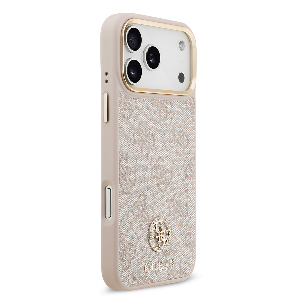 Apple iPhone 17 Pro Max Kılıf Guess Orjinal Lisanslı M-safe Şarj Özellikli Gold Metal Kamera Çerçeveli Taşlı 4G Logolu Kapak Pembe