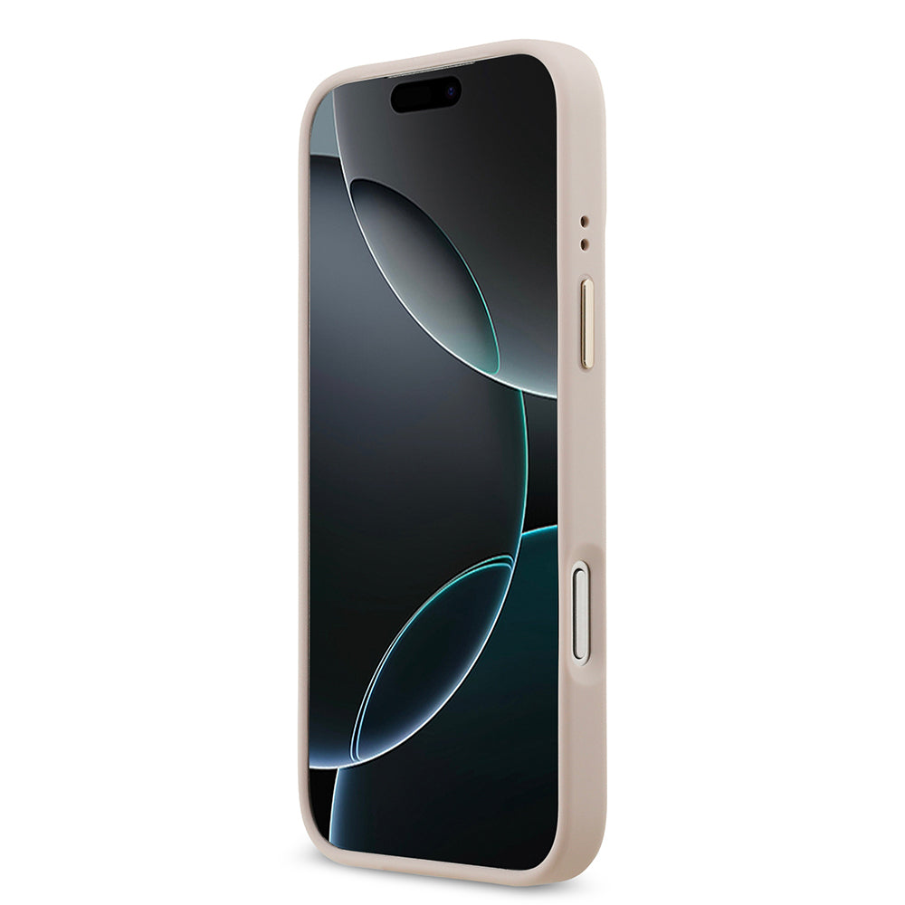 Apple iPhone 17 Pro Max Kılıf Guess Orjinal Lisanslı M-safe Şarj Özellikli Gold Metal Kamera Çerçeveli Taşlı 4G Logolu Kapak Pembe