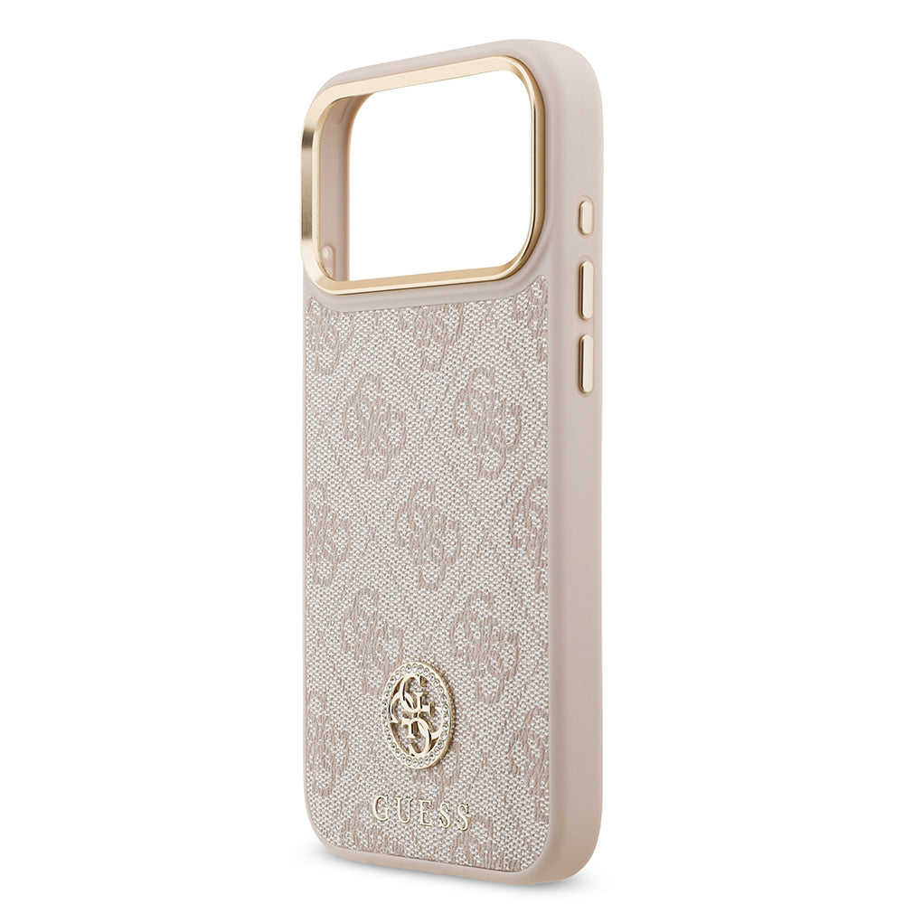 Apple iPhone 17 Pro Max Kılıf Guess Orjinal Lisanslı M-safe Şarj Özellikli Gold Metal Kamera Çerçeveli Taşlı 4G Logolu Kapak Pembe