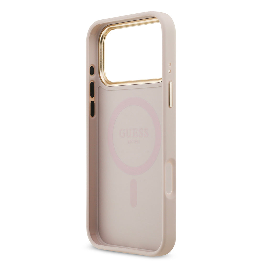 Apple iPhone 17 Pro Max Kılıf Guess Orjinal Lisanslı M-safe Şarj Özellikli Gold Metal Kamera Çerçeveli Taşlı 4G Logolu Kapak Pembe