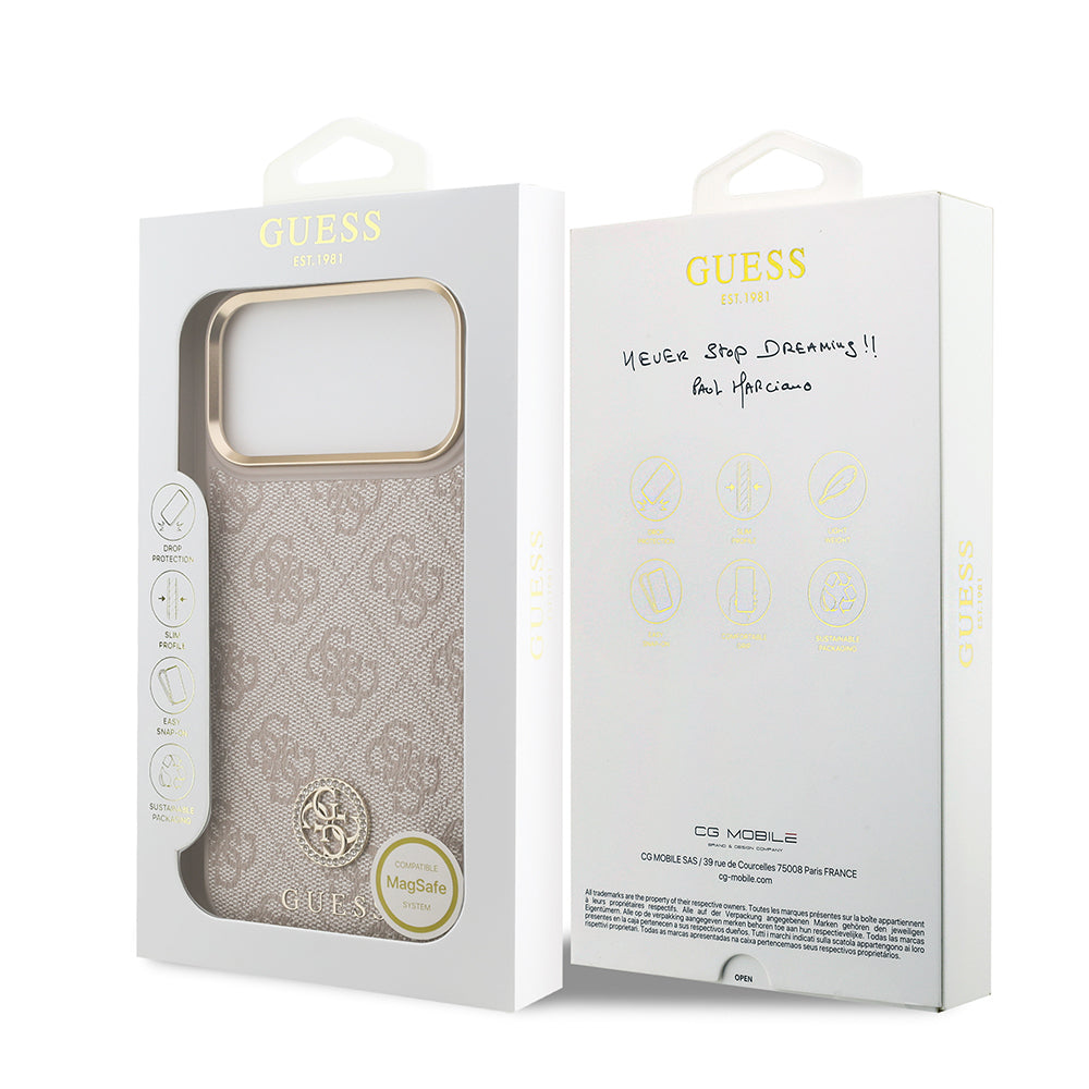 Apple iPhone 17 Pro Max Kılıf Guess Orjinal Lisanslı M-safe Şarj Özellikli Gold Metal Kamera Çerçeveli Taşlı 4G Logolu Kapak Pembe